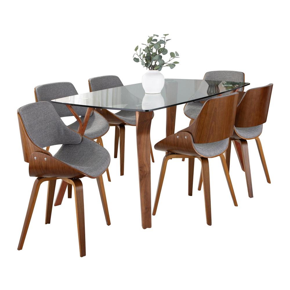 Walnut Wood, Clear Glass, Grey Fabric Folia Fabrizzi Dining Set - 7 Piece. Picture 2
