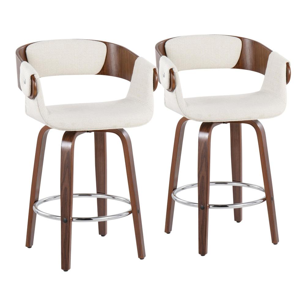 Walnut Wood, Cream Fabric, Chrome Elisa Counter Stool - Set of 2. Picture 1