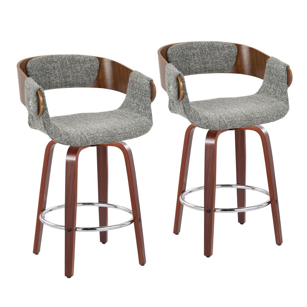 Walnut Wood, Grey Noise Fabric, Chrome Elisa Counter Stool - Set of 2. Picture 1