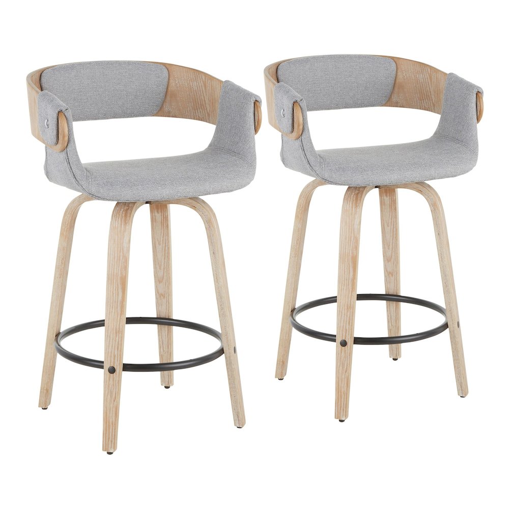 White Washed Wood, Black Metal, Grey Fabric Elisa Counter Stool - Set of 2. Picture 1