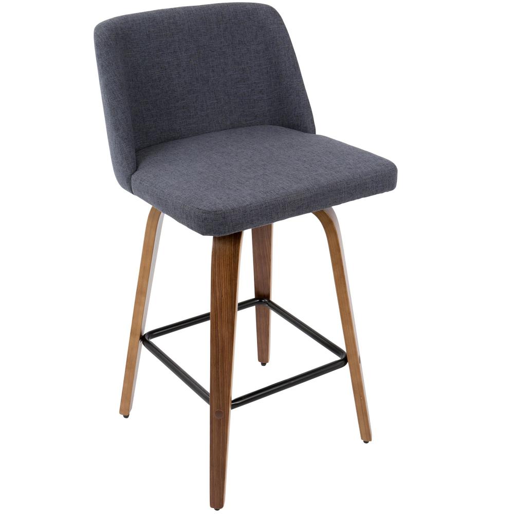 Walnut Wood, Blue Fabric, Black Metal Toriano Counter Stool - Set of 2. Picture 2