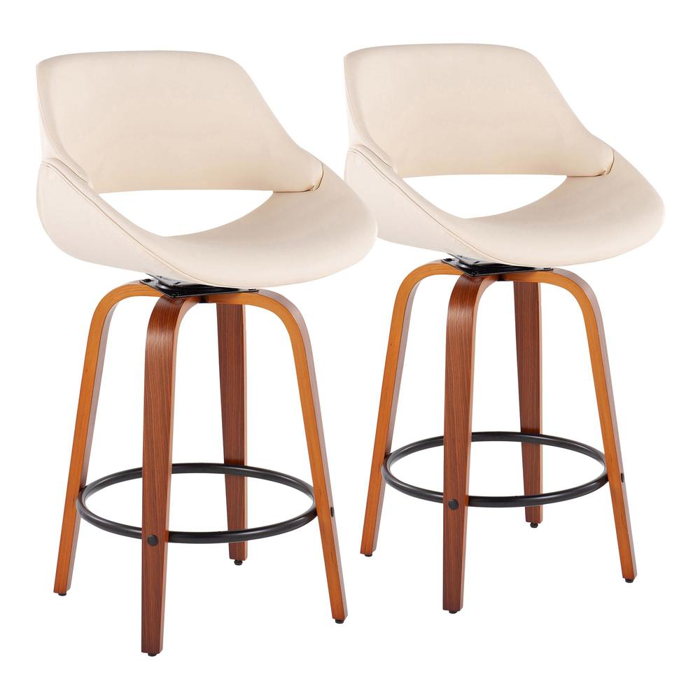 Walnut Wood, Cream PU, Black Steel Fabrico Fixed-Height Counter Stool - Set of 2. Picture 1