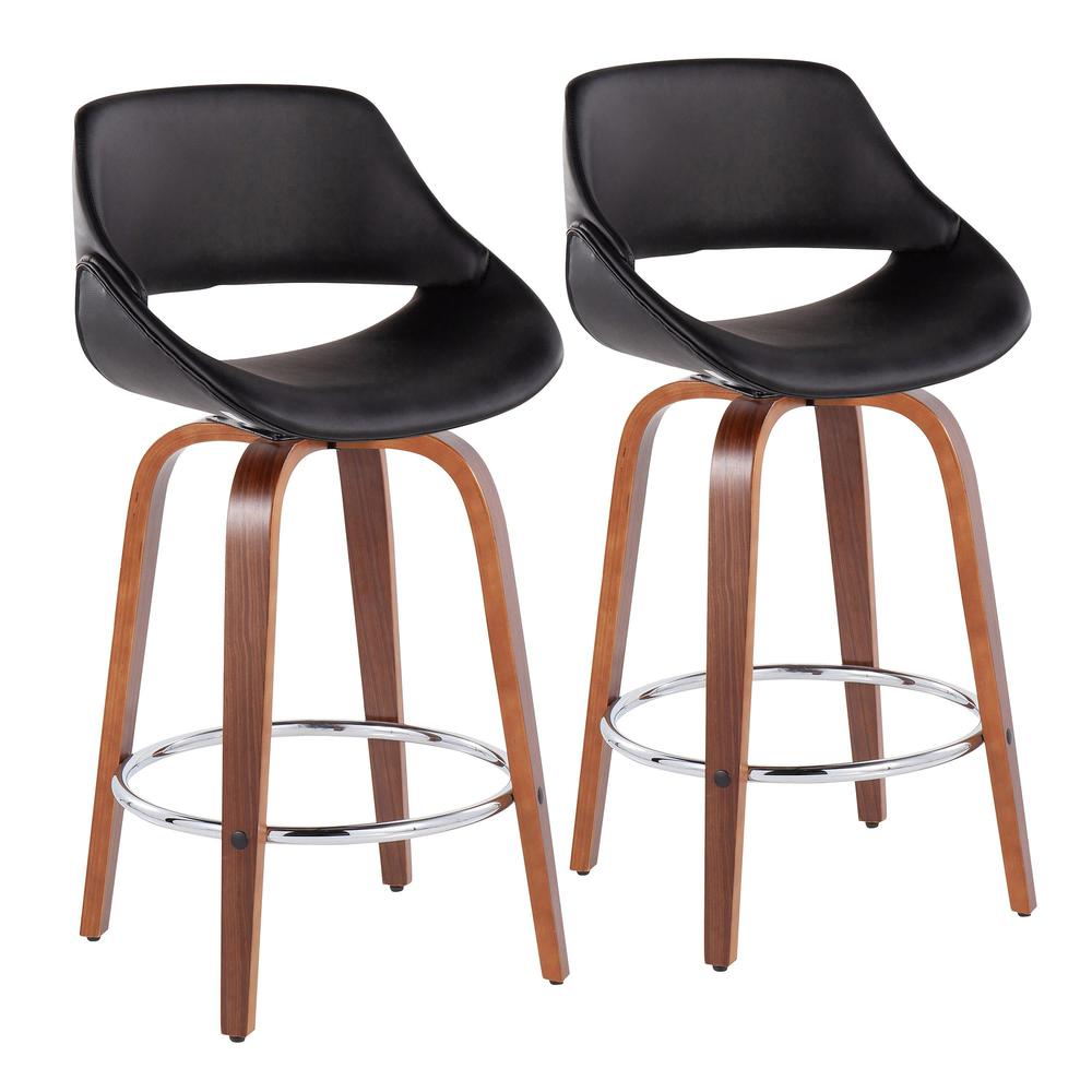 Walnut Wood, Black PU, Chrome Fabrico Fixed-Height Counter Stool - Set of 2. Picture 1