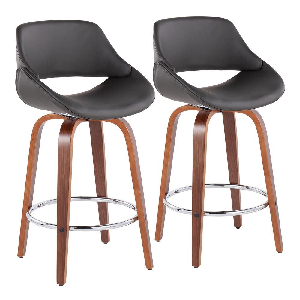 Walnut Wood, Grey PU, Chrome Fabrico Fixed-Height Counter Stool - Set of 2. Picture 1