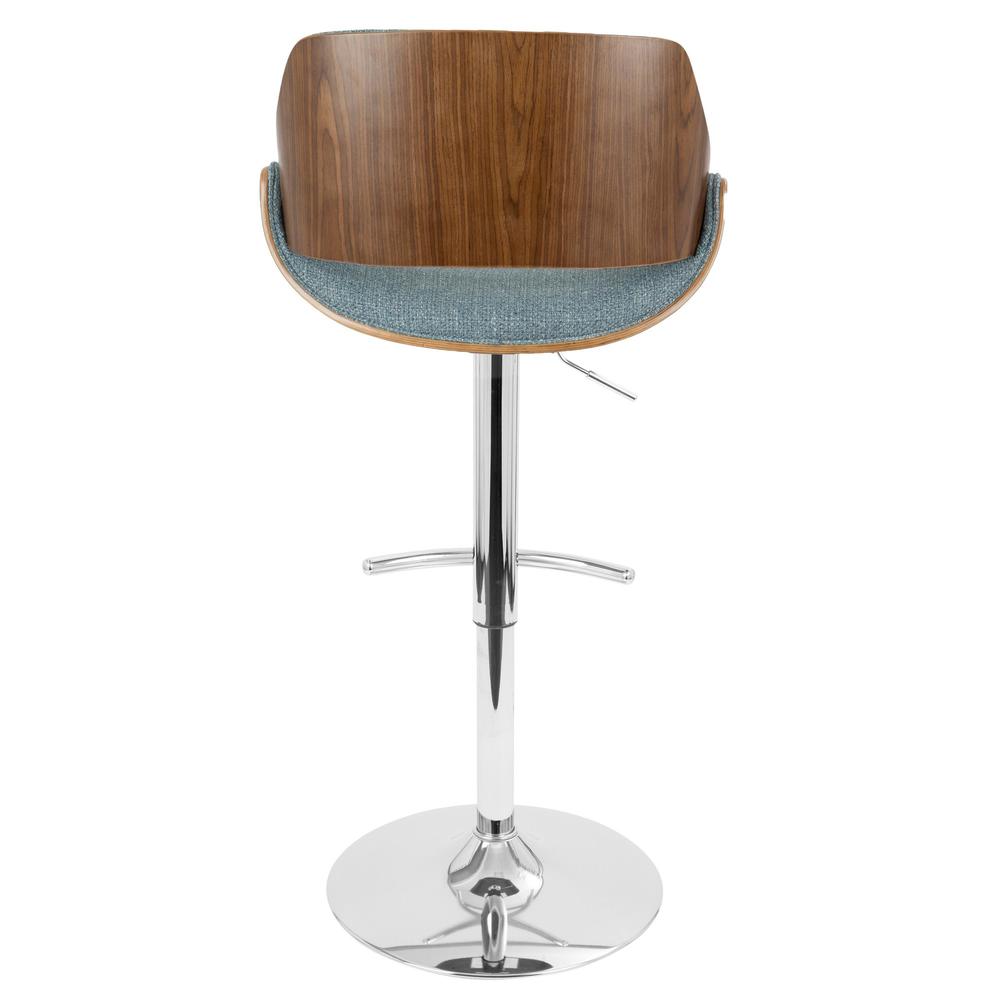 Chrome, Walnut Wood, Blue Fabric Fabrizzi Adjustable Barstool - Set of 2. Picture 6