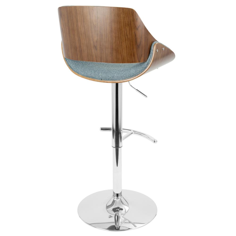 Chrome, Walnut Wood, Blue Fabric Fabrizzi Adjustable Barstool - Set of 2. Picture 5