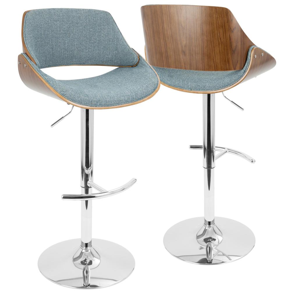 Chrome, Walnut Wood, Blue Fabric Fabrizzi Adjustable Barstool - Set of 2. Picture 2