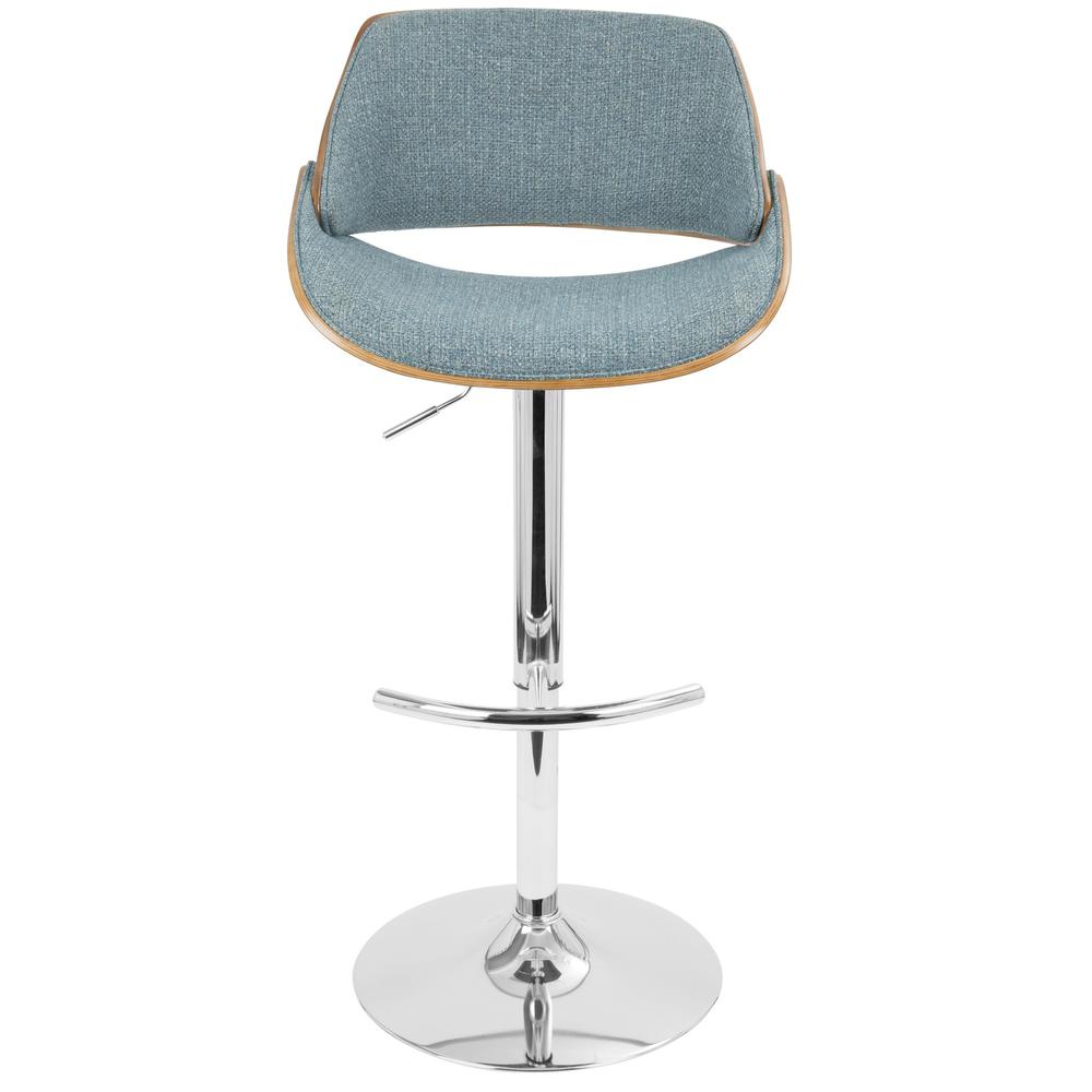 Chrome, Walnut Wood, Blue Fabric Fabrizzi Adjustable Barstool - Set of 2. Picture 7