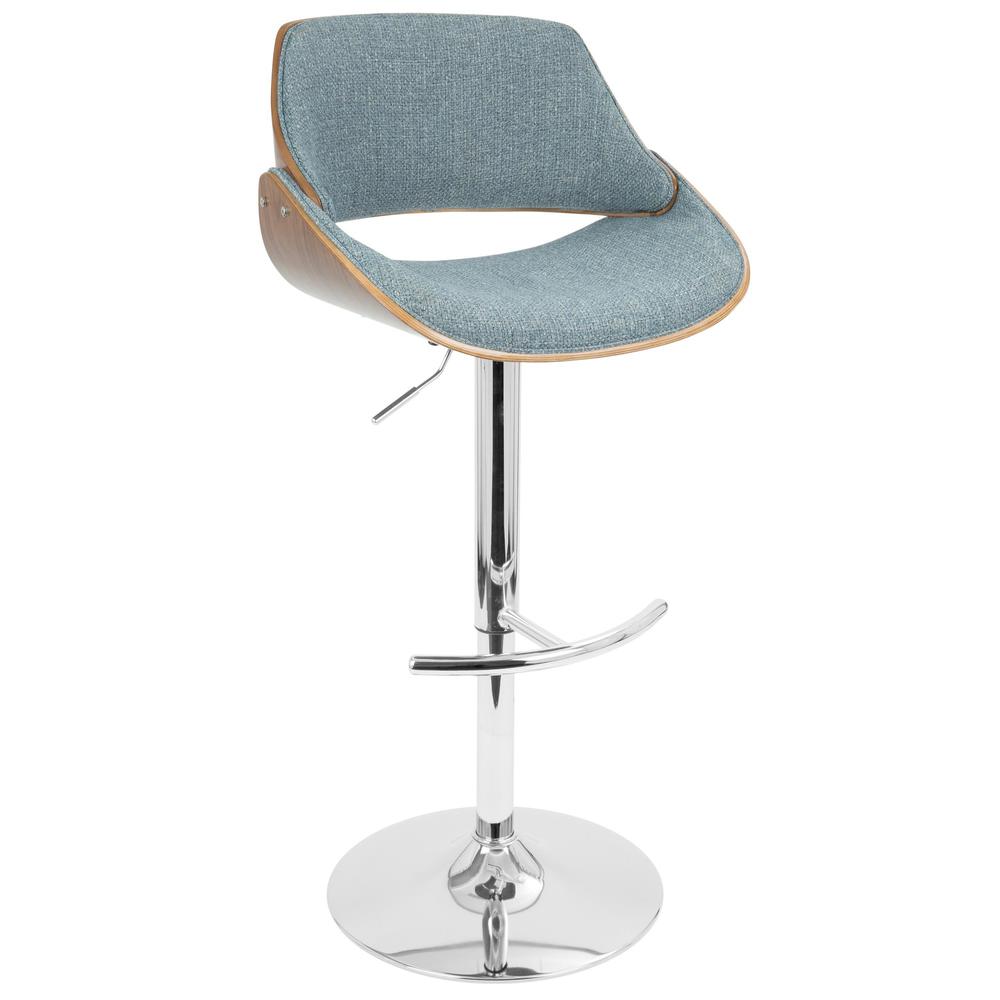 Chrome, Walnut Wood, Blue Fabric Fabrizzi Adjustable Barstool - Set of 2. Picture 3