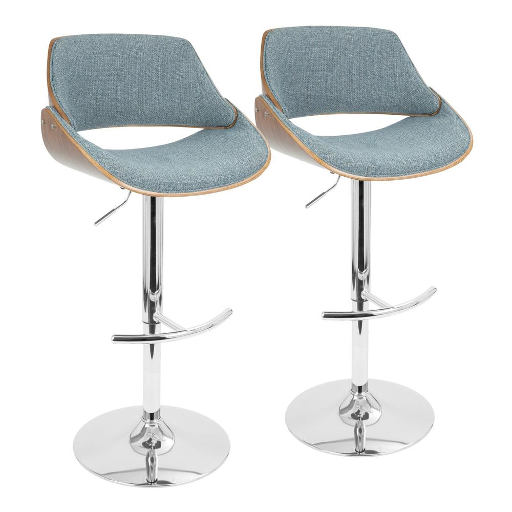 Chrome, Walnut Wood, Blue Fabric Fabrizzi Adjustable Barstool - Set of 2. Picture 1