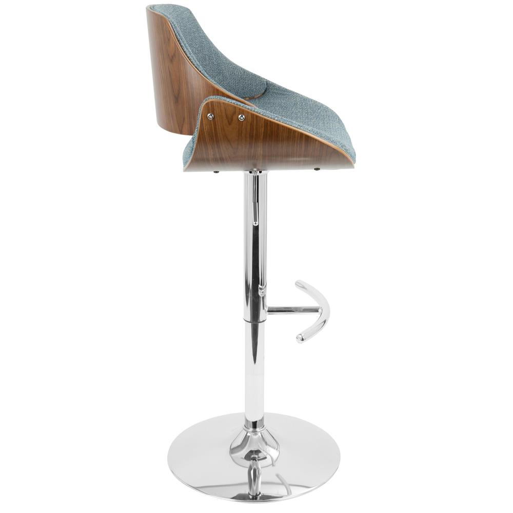 Chrome, Walnut Wood, Blue Fabric Fabrizzi Adjustable Barstool - Set of 2. Picture 4