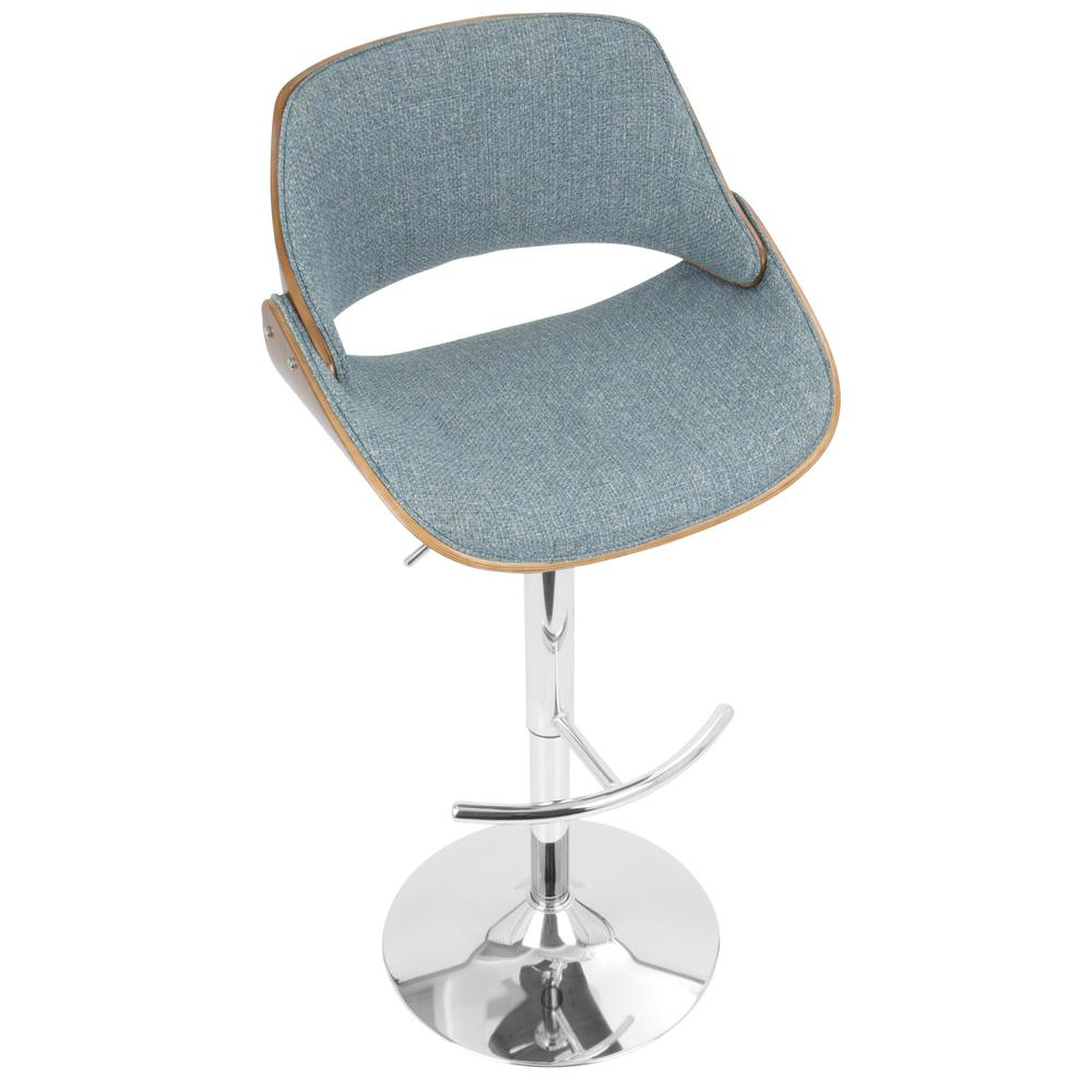 Chrome, Walnut Wood, Blue Fabric Fabrizzi Adjustable Barstool - Set of 2. Picture 8