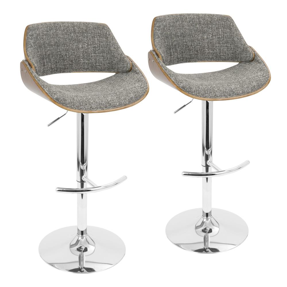 Chrome, Walnut Wood, Grey Noise Fabric Fabrizzi Adjustable Barstool - Set of 2. Picture 1