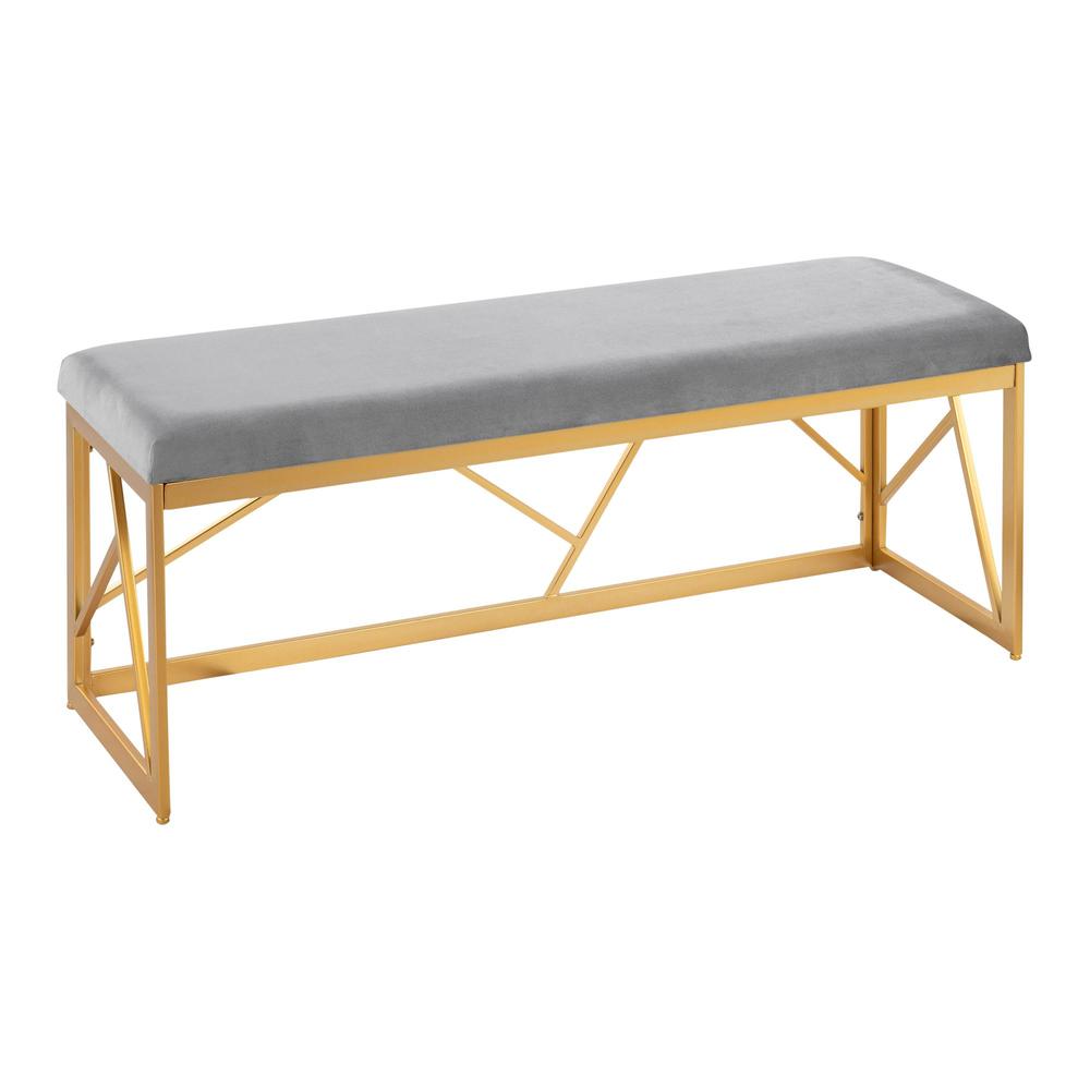 Gold Steel, Grey Velvet Folia Metal Bench. Picture 1
