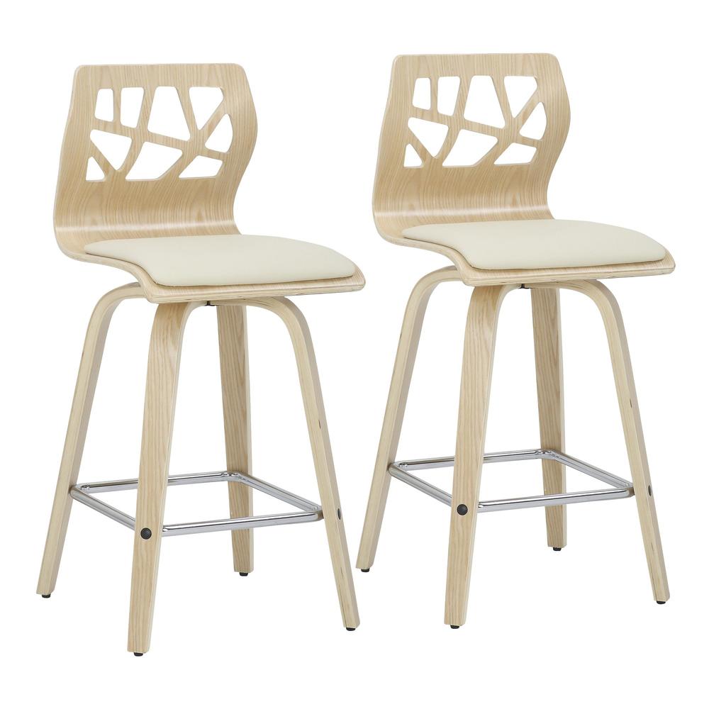 Natural Wood, Cream PU, Chrome Folia Counter Stool - Set of 2. Picture 1