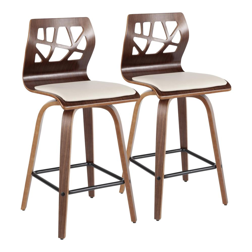 Walnut Wood, Cream PU, Black Metal Folia Counter Stool - Set of 2. Picture 1