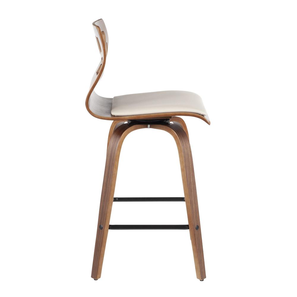 Walnut Wood, Cream PU, Black Metal Folia Counter Stool - Set of 2. Picture 3