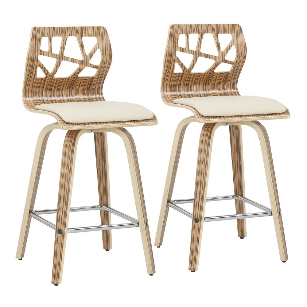 Zebra Wood, Cream PU, Chrome Folia Counter Stool - Set of 2. Picture 1