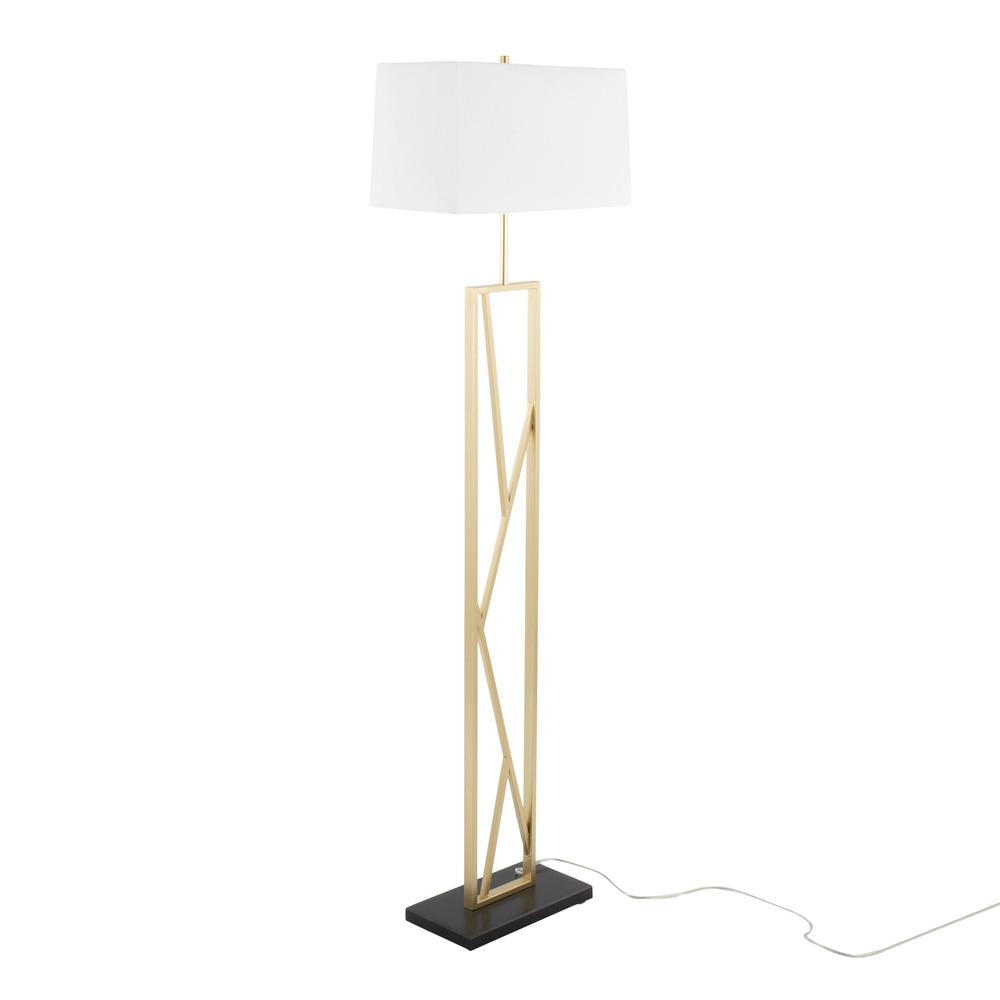 Gold Metal, White Linen, Black Marble Folia Floor Lamp. Picture 1