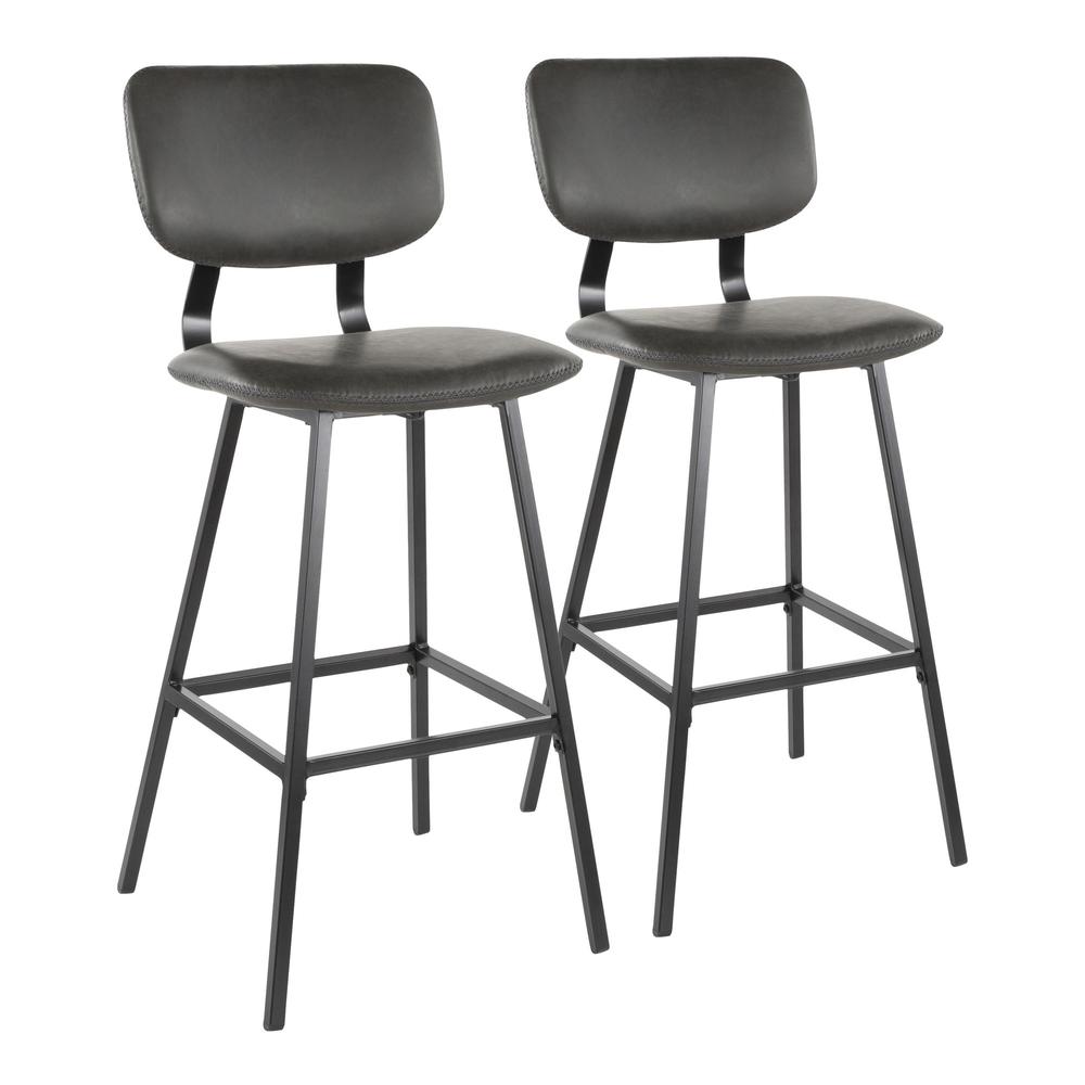 Black Metal, Grey PU, Grey Zig Zag Stitching Foundry Barstool - Set of 2. Picture 1