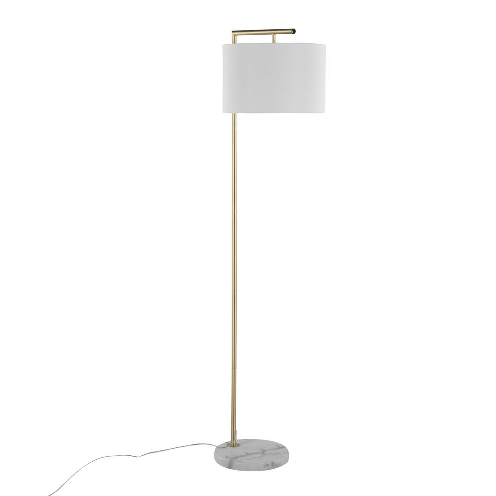 White Marble, Gold Metal, White Linen Shade Fran Floor Lamp. Picture 1