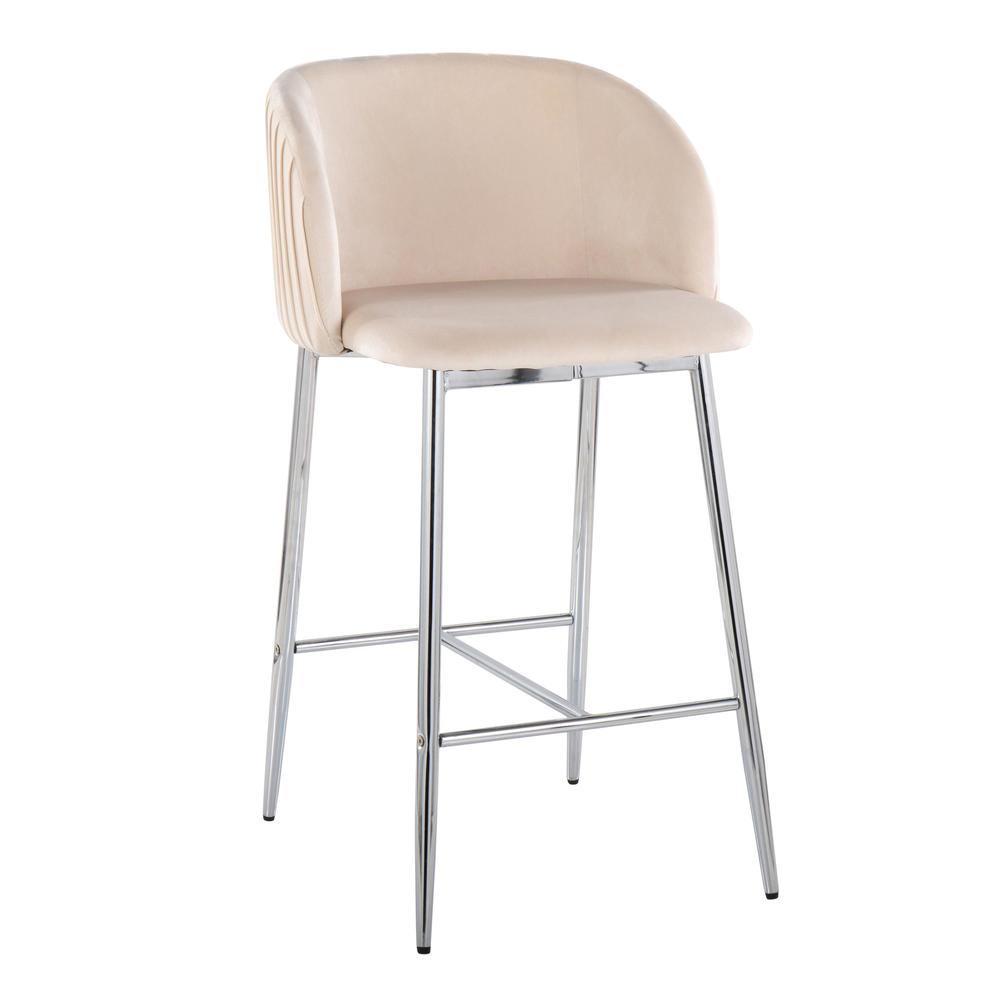 Chrome Metal, White Velvet Fran Pleated Fixed-Height Counter Stool - Set of 2. Picture 2