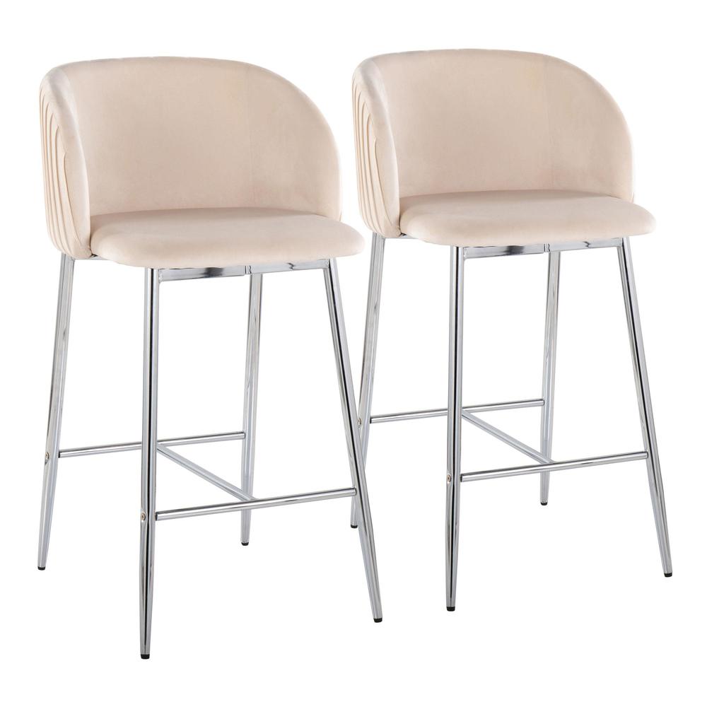 Chrome Metal, White Velvet Fran Pleated Fixed-Height Counter Stool - Set of 2. Picture 1