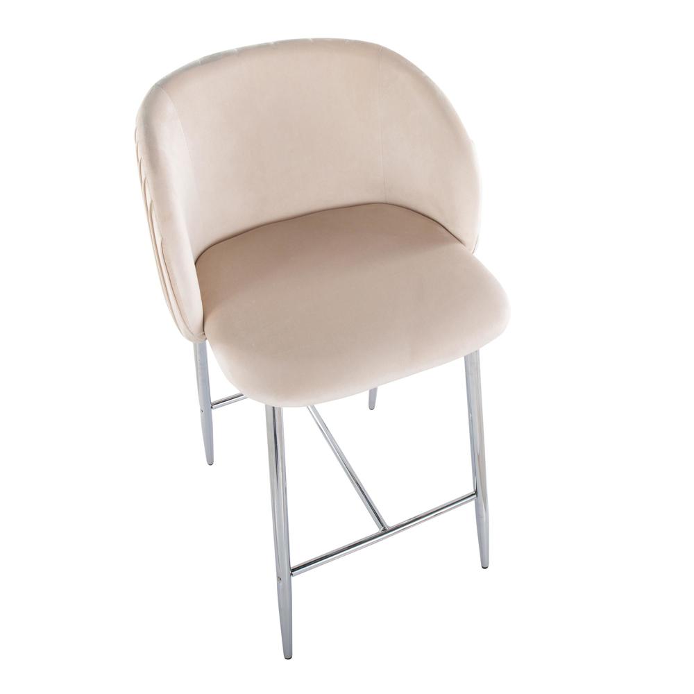 Chrome Metal, White Velvet Fran Pleated Fixed-Height Counter Stool - Set of 2. Picture 7
