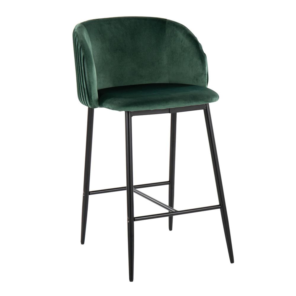 Black Metal, Green Velvet Fran Pleated Fixed-Height Counter Stool - Set of 2. Picture 2