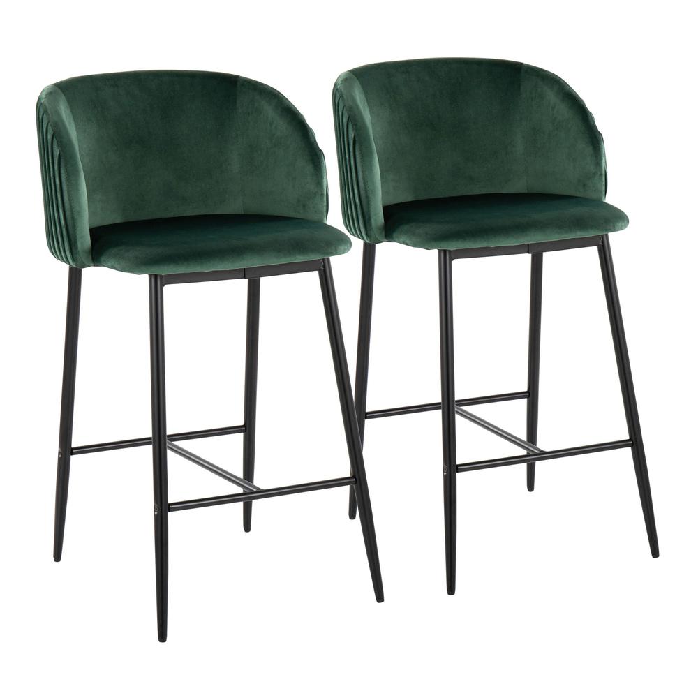 Black Metal, Green Velvet Fran Pleated Fixed-Height Counter Stool - Set of 2. Picture 1