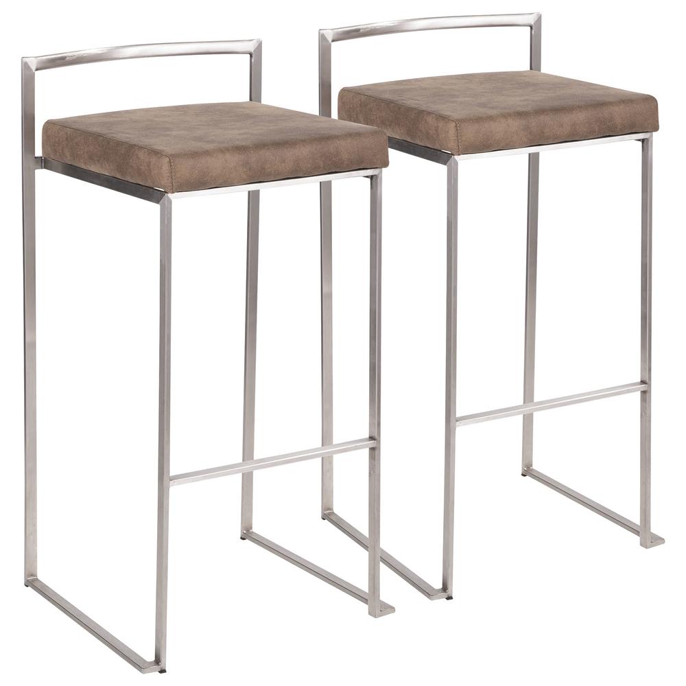 Stainless Steel, Brown Cowboy Fabric Fuji Stacker Barstool - Set of 2. Picture 1