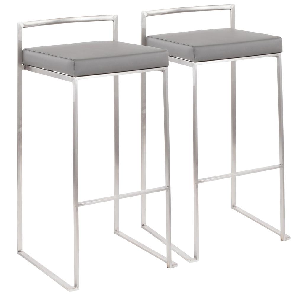 Brushed Stainless Steel, Grey PU Fuji Stacker Barstool - Set of 2. Picture 1