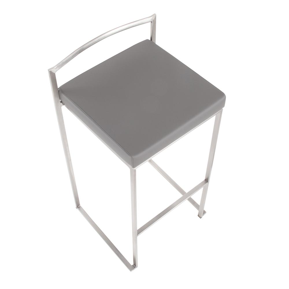 Brushed Stainless Steel, Grey PU Fuji Stacker Barstool - Set of 2. Picture 7