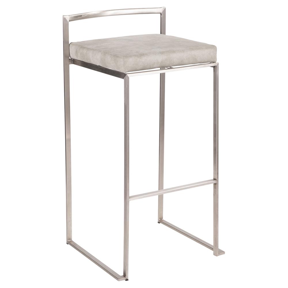 Stainless Steel, Light Grey Cowboy Fabric Fuji Stacker Barstool - Set of 2. Picture 2