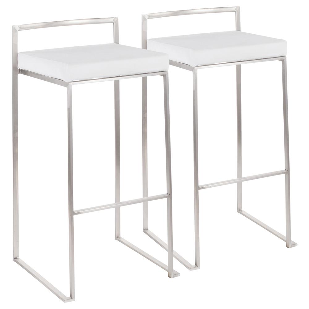 Brushed Stainless Steel, White Velvet Fuji Stacker Barstool - Set of 2. Picture 1