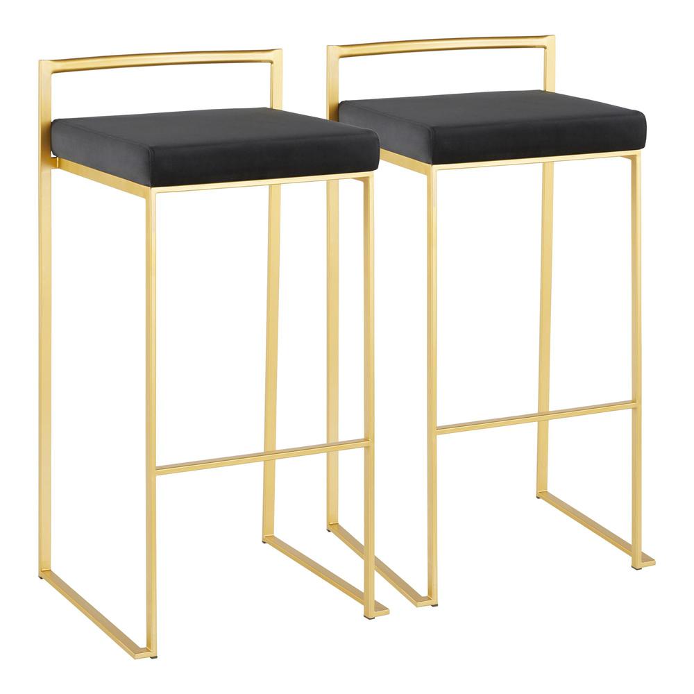 Gold Metal, Black Velvet Fuji Stacker Barstool - Set of 2. Picture 1