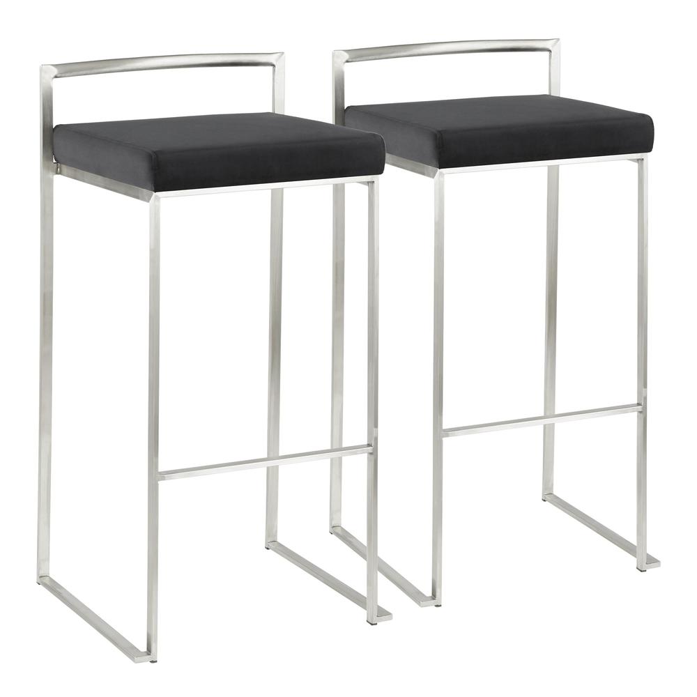 Brushed Stainless Steel, Black Velvet Fuji Stacker Barstool - Set of 2. Picture 1