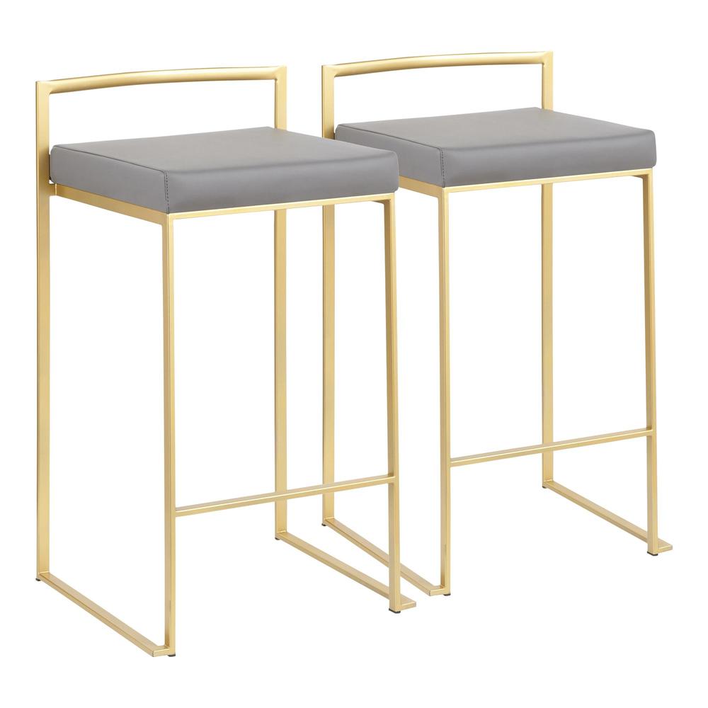Gold Metal, Grey PU Fuji Stacker Counter Stool - Set of 2. Picture 1