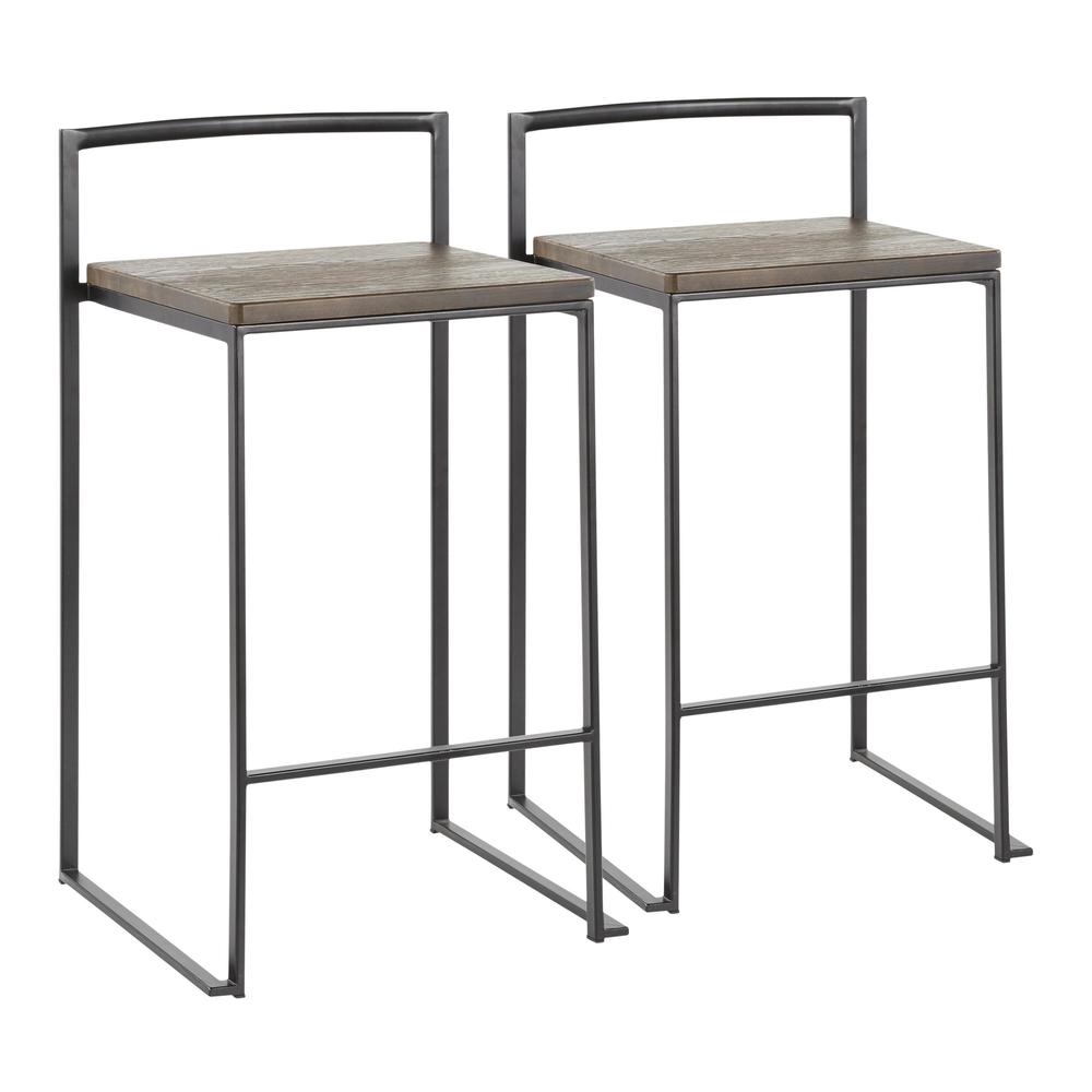 Fuji Contemporary Stackable Counter Stool in Black with an Espresso Wood-Pressed Grain Bamboo Seat - Set of 2. Picture 1