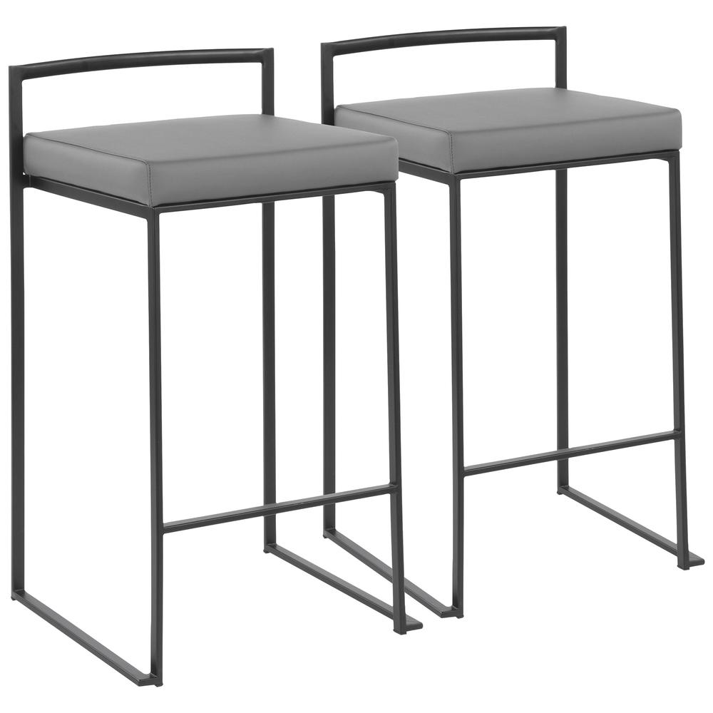 Black Metal, Grey PU Fuji Stacker Counter Stool - Set of 2. Picture 1