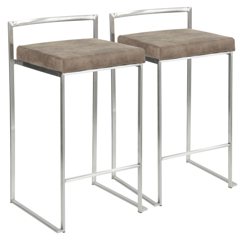 Stainless Steel, Brown Cowboy Fabric Fuji Stacker Counter Stool - Set of 2. Picture 1