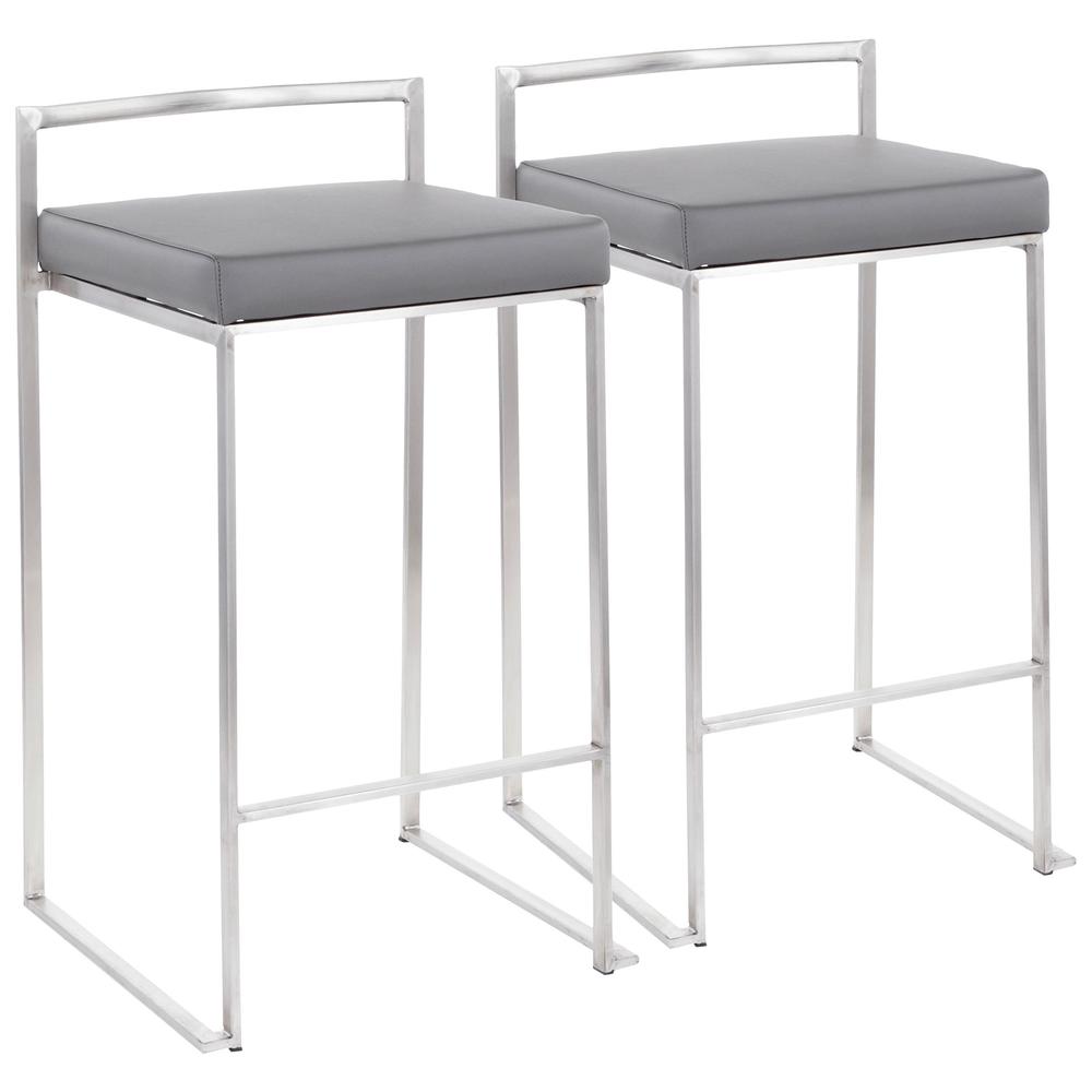 Brushed Stainless Steel, Grey PU Fuji Stacker Counter Stool - Set of 2. Picture 1