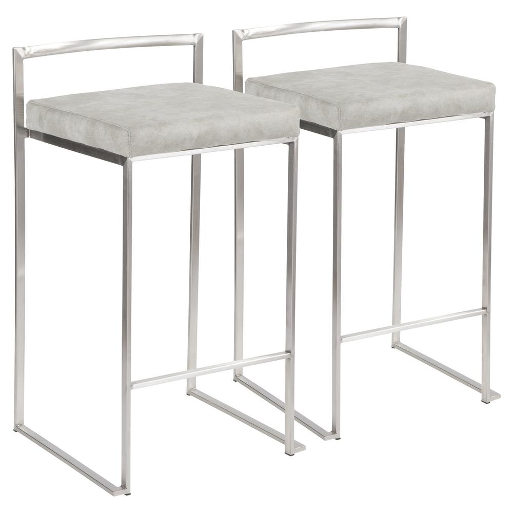 Stainless Steel, Light Grey Cowboy Fabric Fuji Stacker Counter Stool - Set of 2. Picture 1