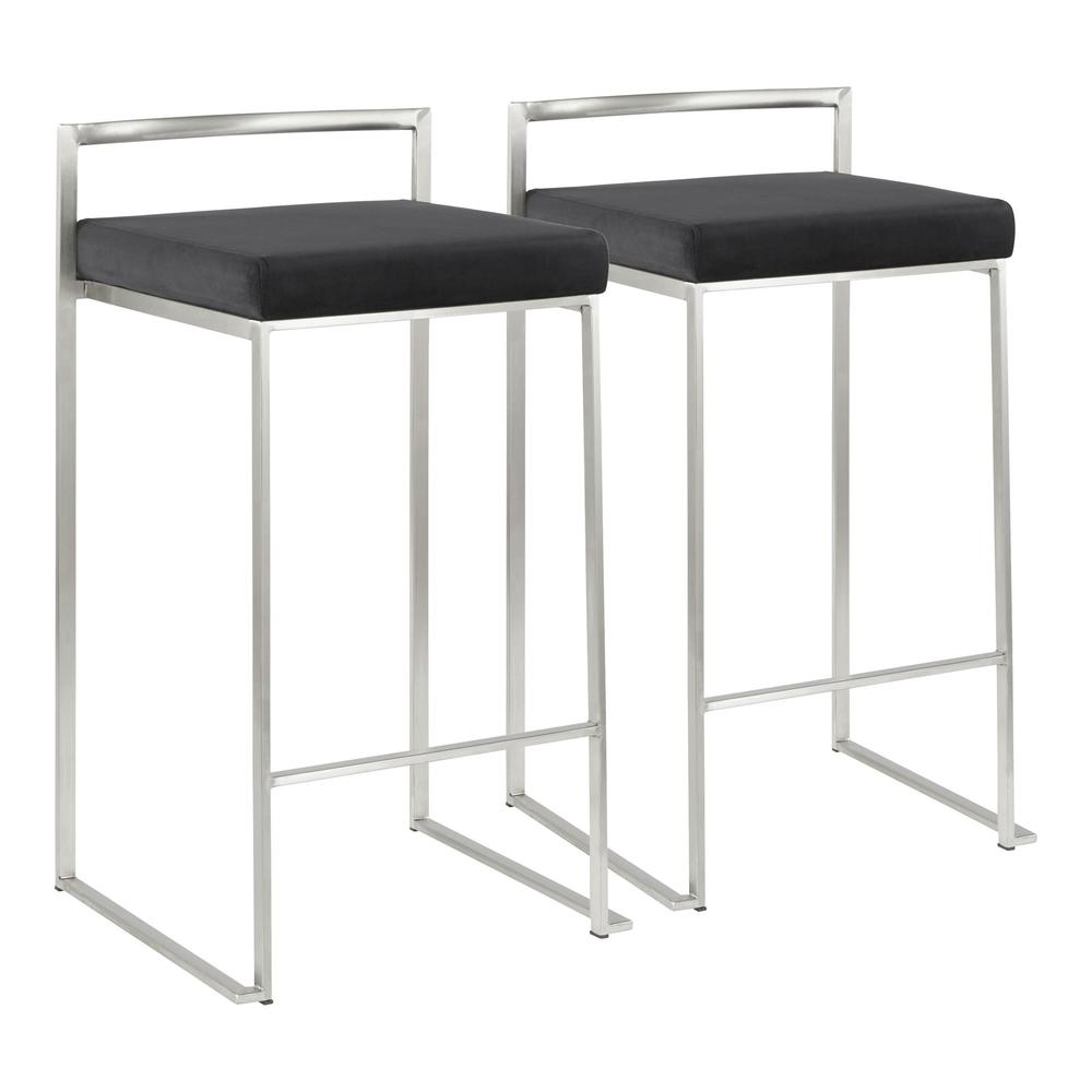 Brushed Stainless Steel, Black Velvet Fuji Stacker Counter Stool - Set of 2. Picture 1