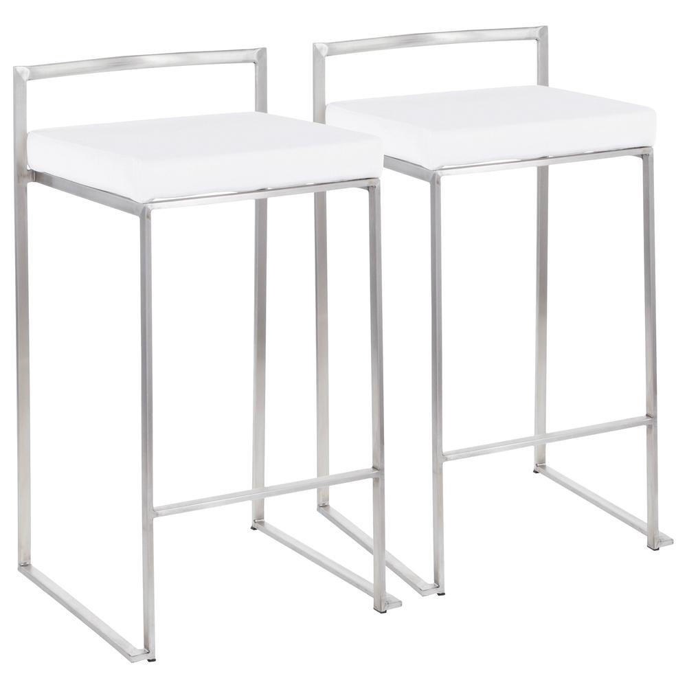 Brushed Stainless Steel, White Velvet Fuji Stacker Counter Stool - Set of 2. Picture 1