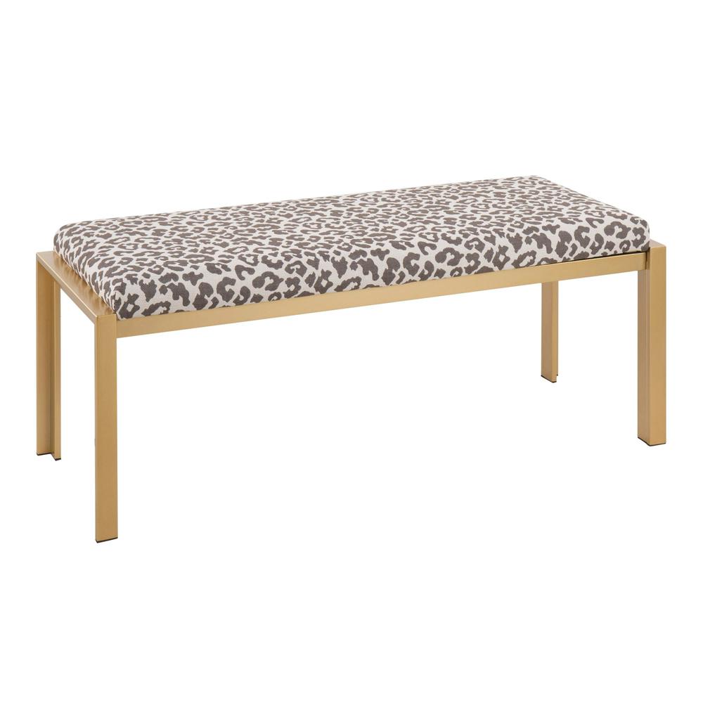 Gold Metal, Beige Leopard Fabric Fuji Bench. Picture 1