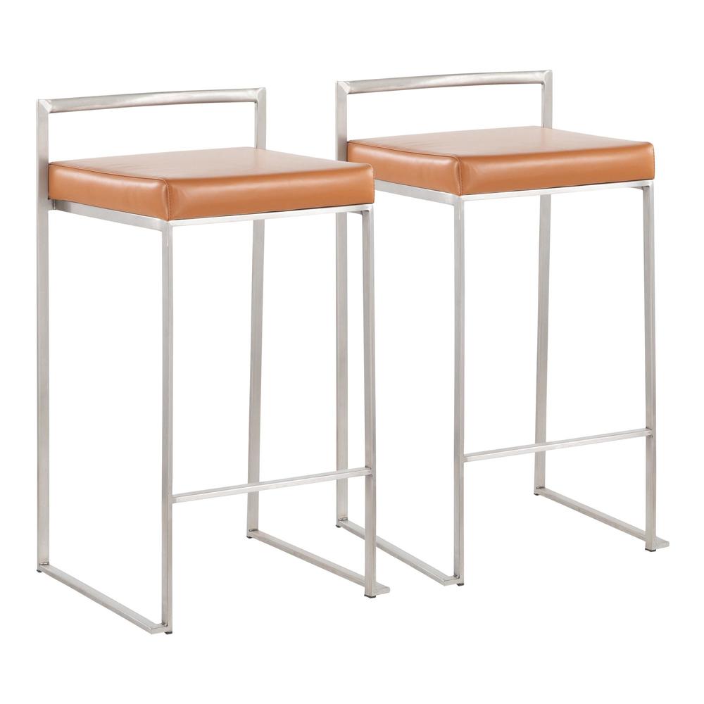 Brushed Stainless Steel, Camel Pu Fuji Stacker Counter Stool - Set of 2. Picture 1