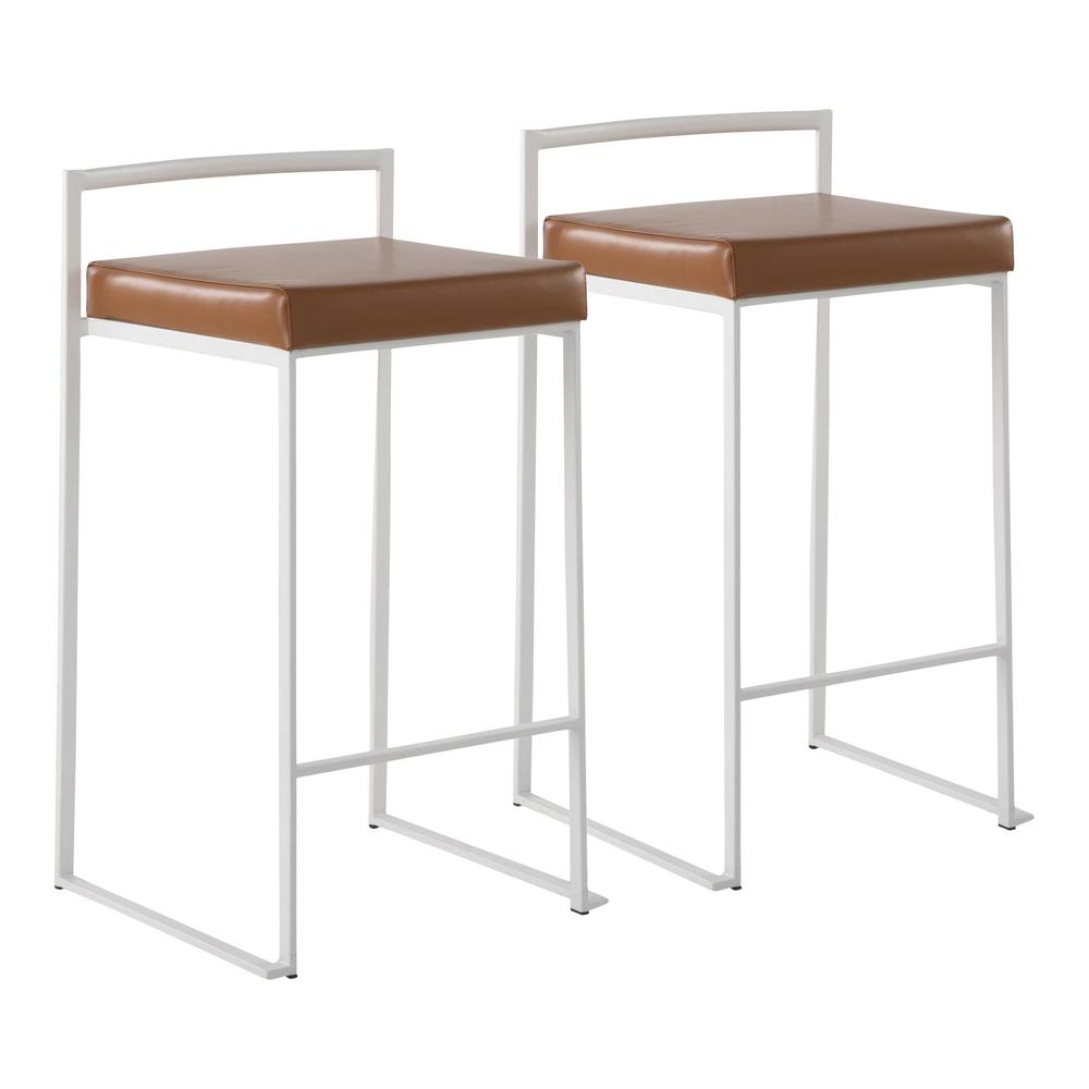 White Steel, Camel Pu Fuji Stacker Counter Stool - Set of 2. Picture 1