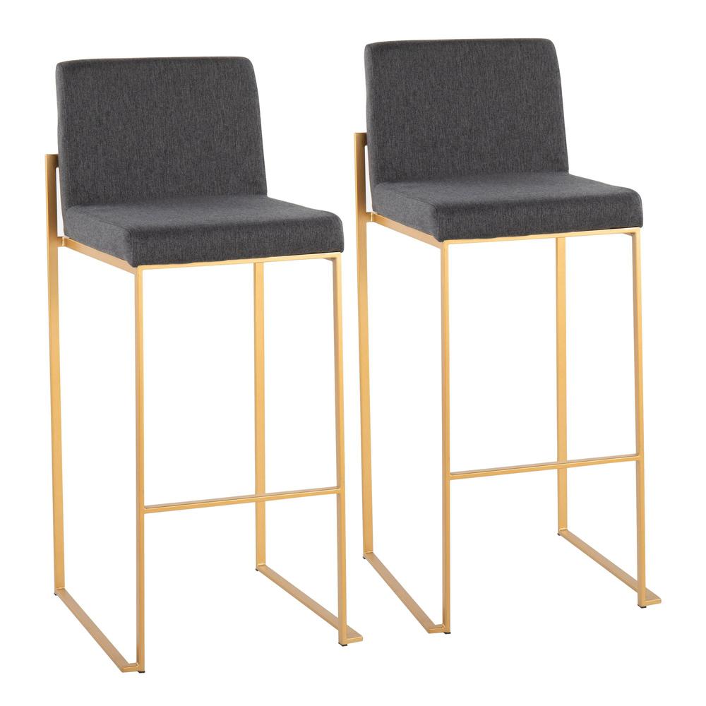 Gold Steel, Charcoal Fabric Fuji High Back Barstool - Set of 2. Picture 1