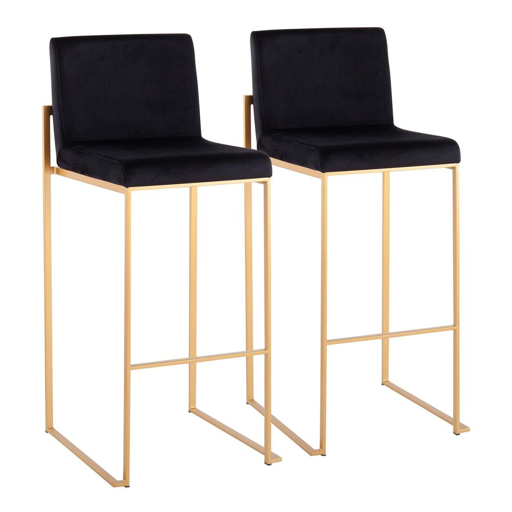 Gold Steel, Black Velvet Fuji High Back Barstool - Set of 2. Picture 1